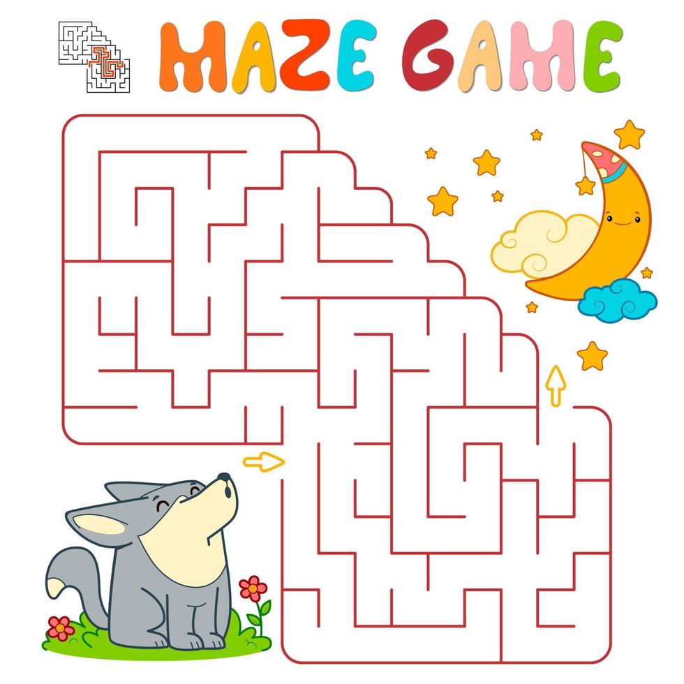 Labyrinth-Puzzle-Spiel für Kinder. labyrinth oder labyrinth spiel mit wolf. vektor