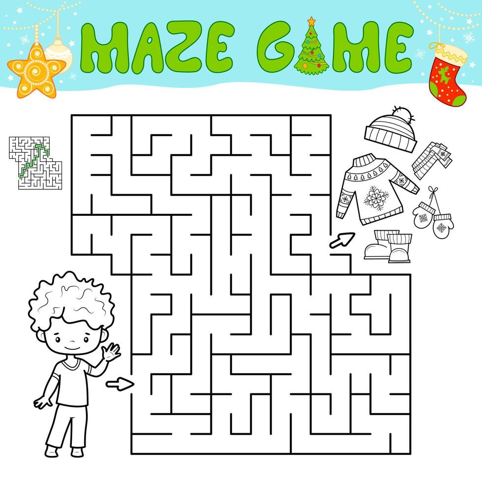 Weihnachtslabyrinth-Puzzlespiel für Kinder. umriss labyrinth oder labyrinth spiel mit weihnachtsjungen. vektor