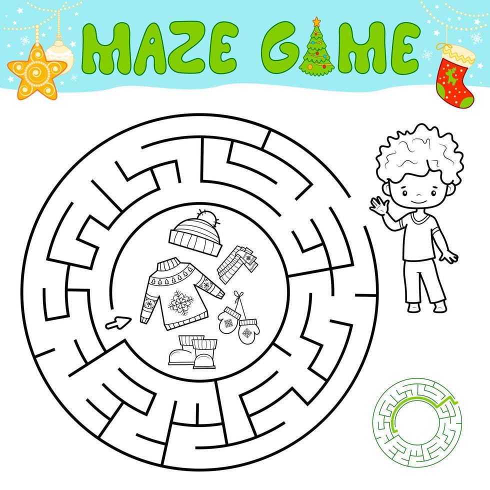 Weihnachten Schwarz-Weiß-Labyrinth-Puzzle-Spiel für Kinder. umreißkreis labyrinth oder labyrinthspiel mit weihnachtsjungen. vektor