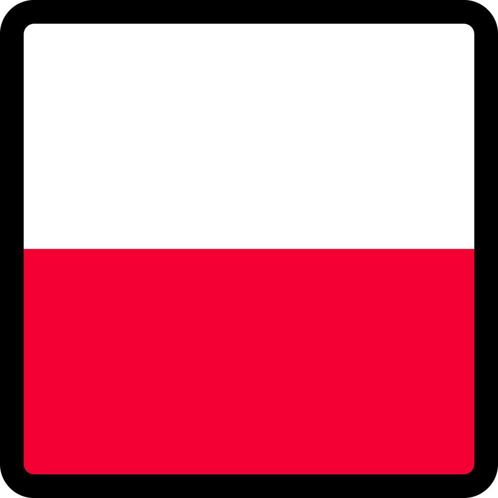 Polens flagga i form av kvadrat med kontrasterande kontur, kommunikationstecken för sociala medier, patriotism, en knapp för att byta språk på webbplatsen, en ikon. vektor
