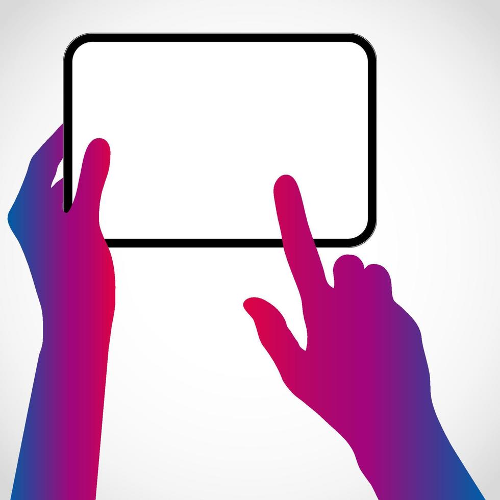 Die Hände halten den Tablet-PC und berühren den Bildschirm mit dem Finger. Vektor-Silhouette-Illustration. vektor