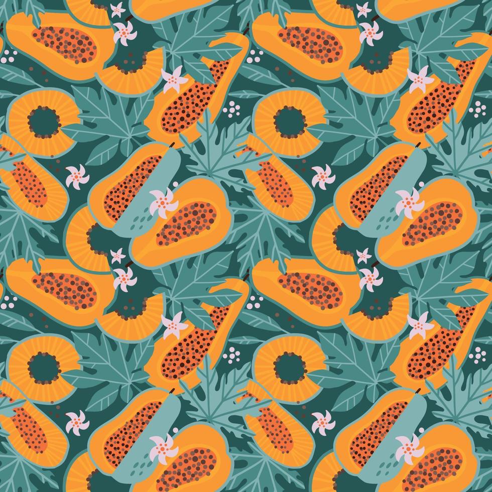 papaya skivat seamless mönster. söta frukter, gröna blad vita blommor. sommar tropiskt tryck för tyg, köksinredning, menydesign, omslagspapper, bakgrund. handritad platt vektorillustration vektor