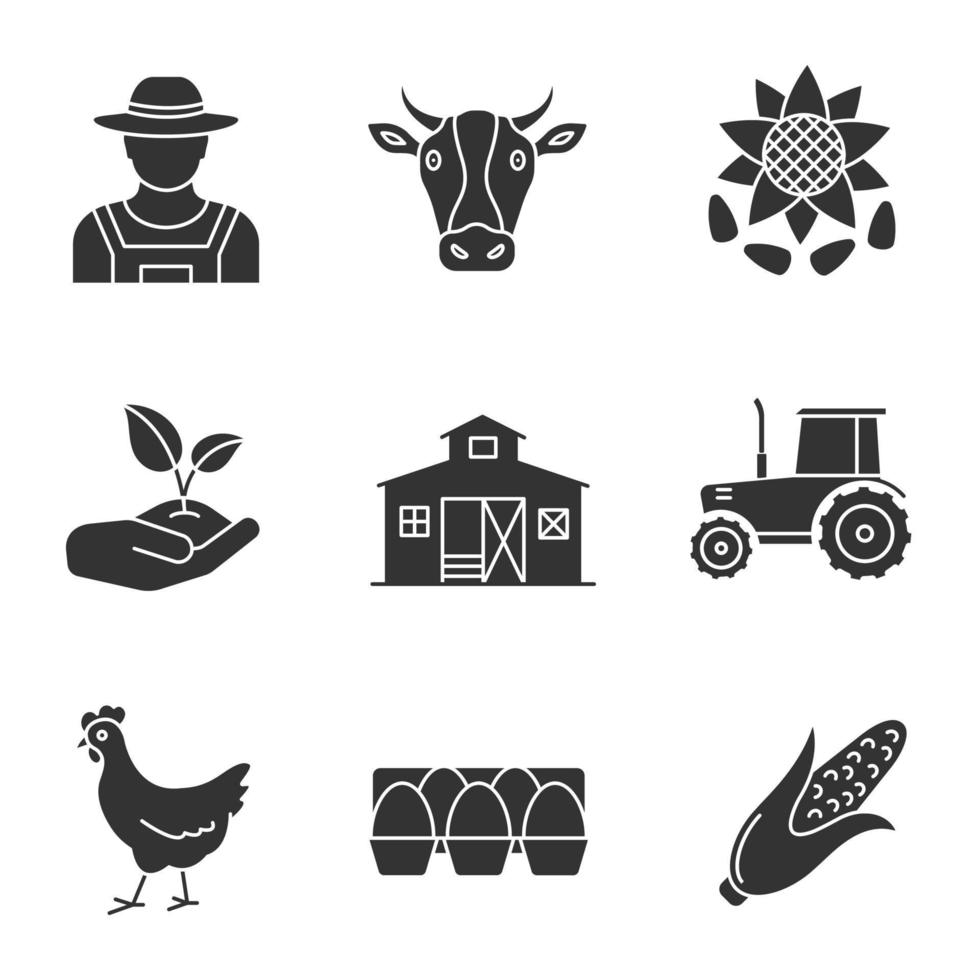 Glyphensymbole für die Landwirtschaft festgelegt. landwirtschaftliche Silhouettensymbole. Bauer, Kuhkopf, Sonnenblume mit Samen, Spross in der Hand, Scheune, Traktor, Huhn, Eierablage, Mais. vektor isolierte illustration