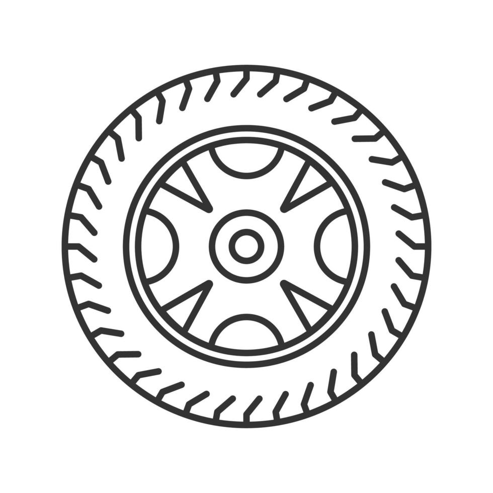 Lineares Symbol für Autofelge und Reifen. dünne Liniendarstellung. Autorad. Kontursymbol. Vektor isoliert Umrisszeichnung