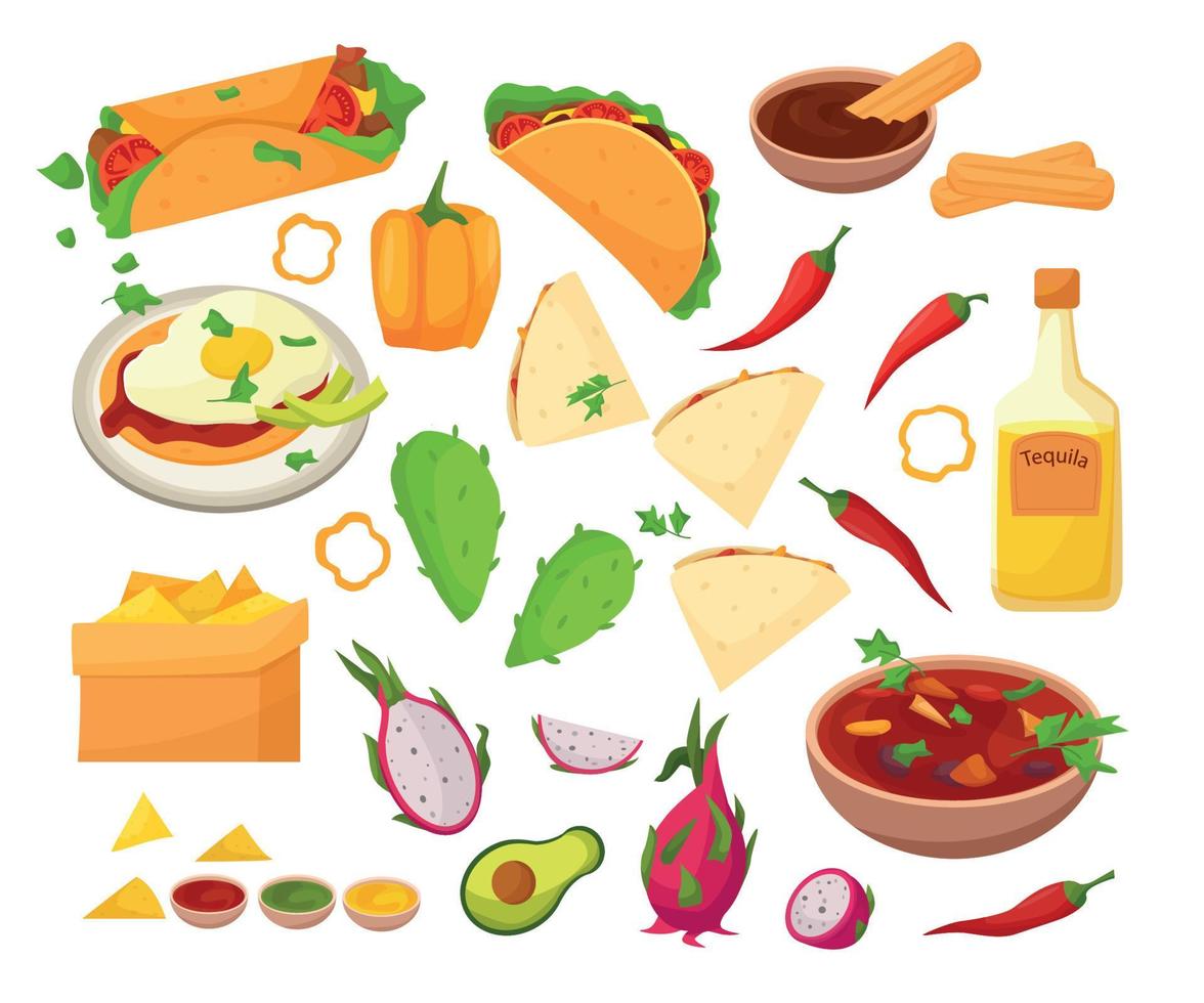 Mexikansk mat set - tacos, burrito, tortilla, soppa, kaktus, chips. tecknad vektorillustration vektor