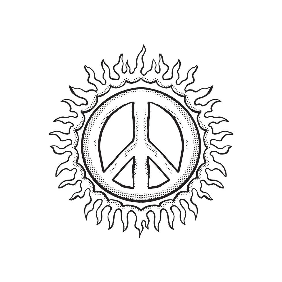 Schwarzweiss-Friedens- und Feuersymbolgekritzelillustration für Aufklebertätowierungsplakat-T-Shirt Entwurf etc vektor