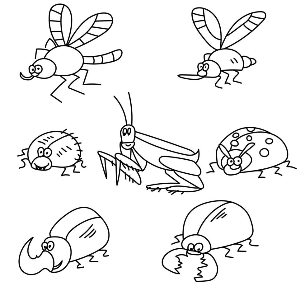 satz verschiedener umrissinsekten im gekritzelstil, lustige kleine fliegende und springende tiere vektor