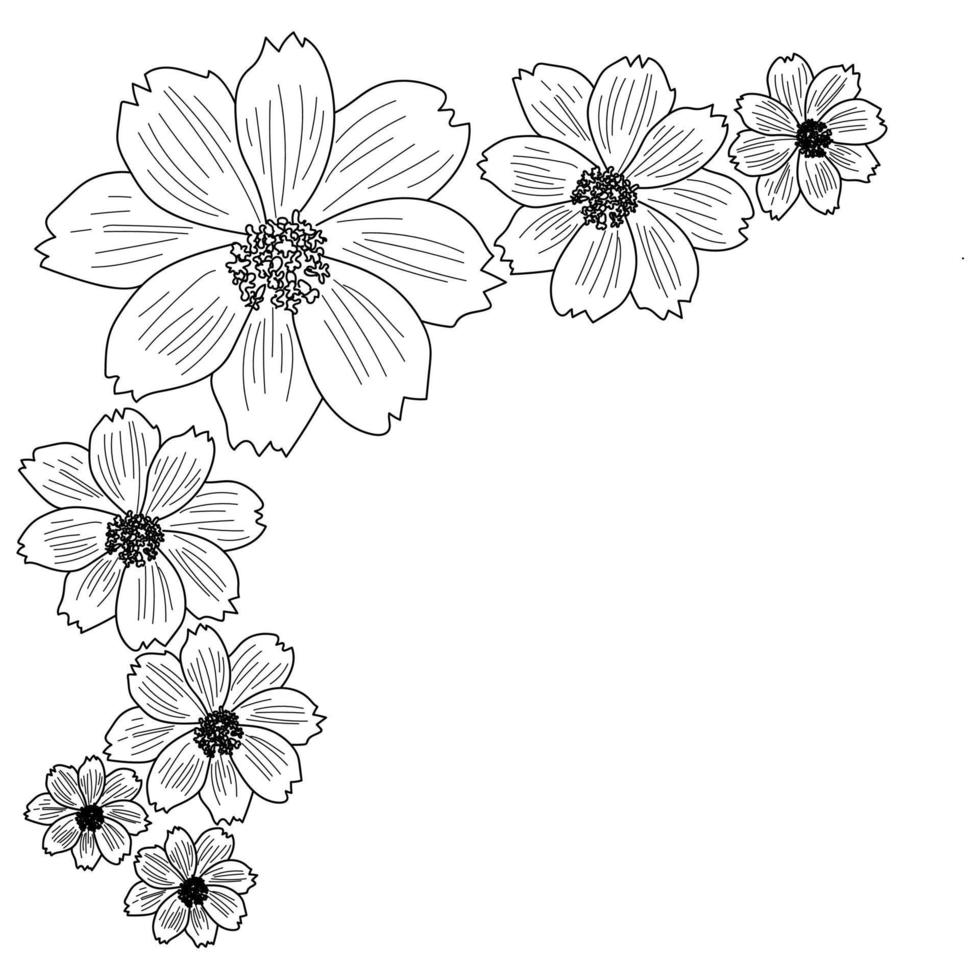 umriss vektorblumenillustration, eckrahmen mit floralen elementen, farbseite vektor