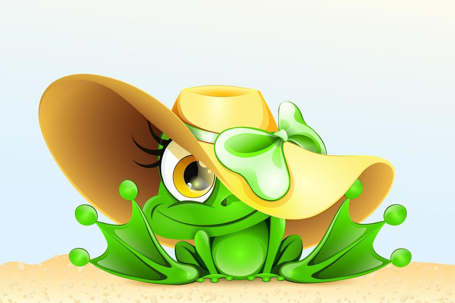 niedliches lustiges Froschmädchen der Karikatur, das im Sommerstrohhut mit grüner Schleife auf dem Sand sitzt. vektor