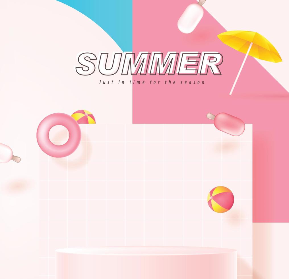sommarrea banner mall för marknadsföring med produkten display cylindrisk form och pool party bakgrund vektor