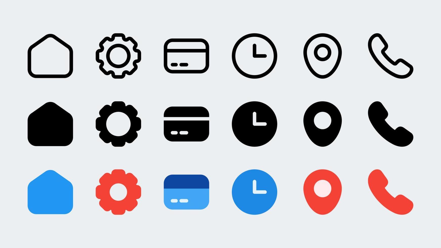 ui-ikoner för webben för företag, bank, kontakt, sociala medier, teknik, seo, med 3 stillinjer, glyph och flat. vektor