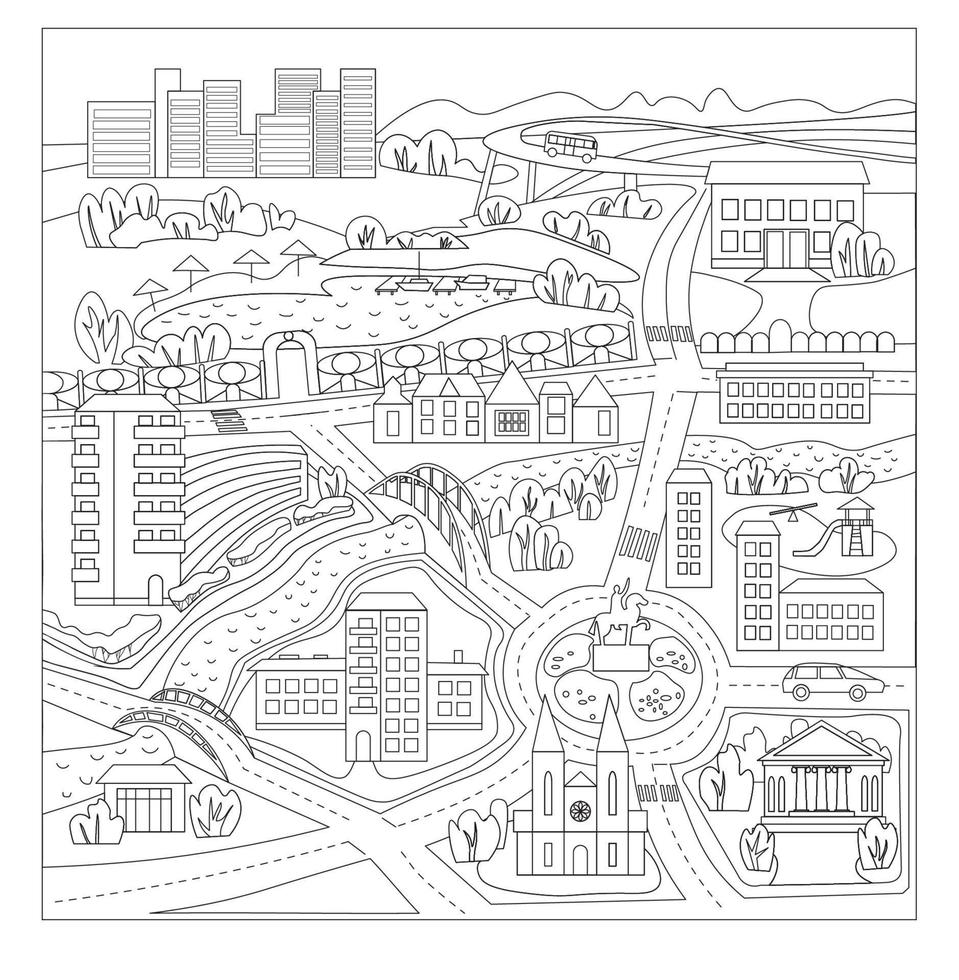 målarbok sida. tecknad väg, hus och bro över river.city landskapet. disposition hus, arkitektur. vektor lineart illustration för målarbok