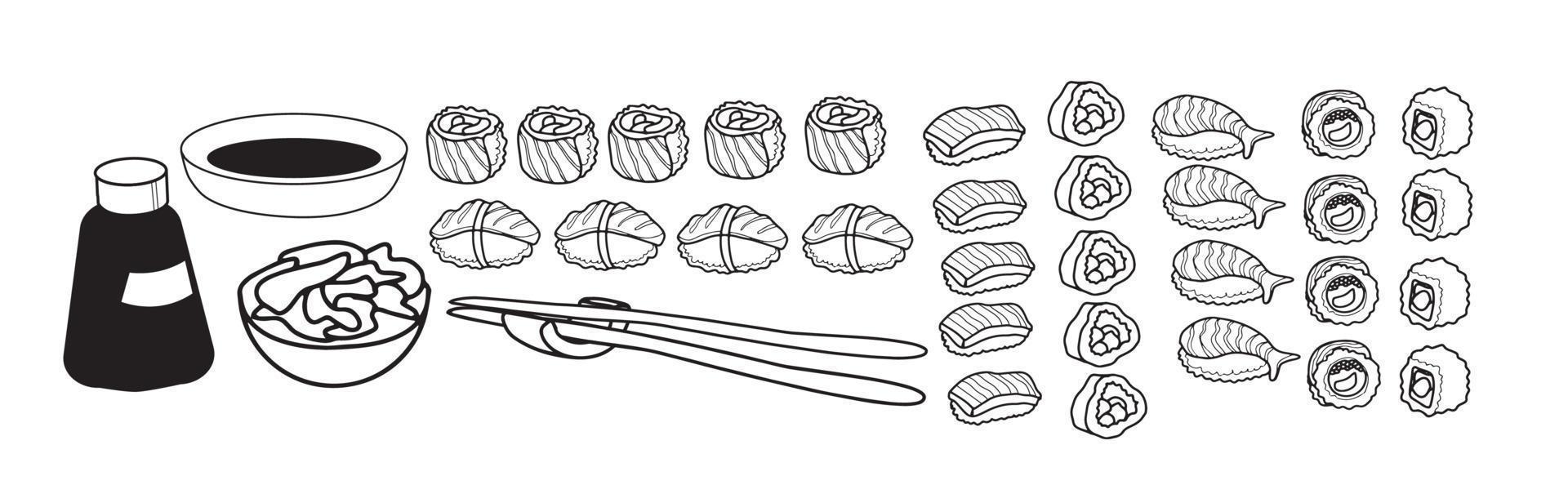 Linien-Sushi und Brötchen-Icon-Set. Doodle-Vektor-Illustration. vektor