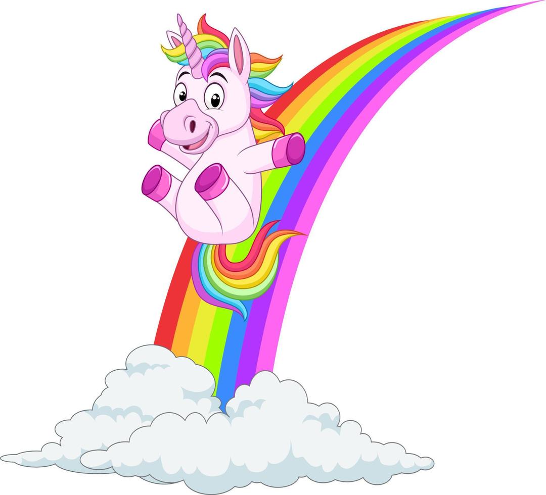 Cartoon-Einhorn, das auf einem Regenbogen gleitet vektor