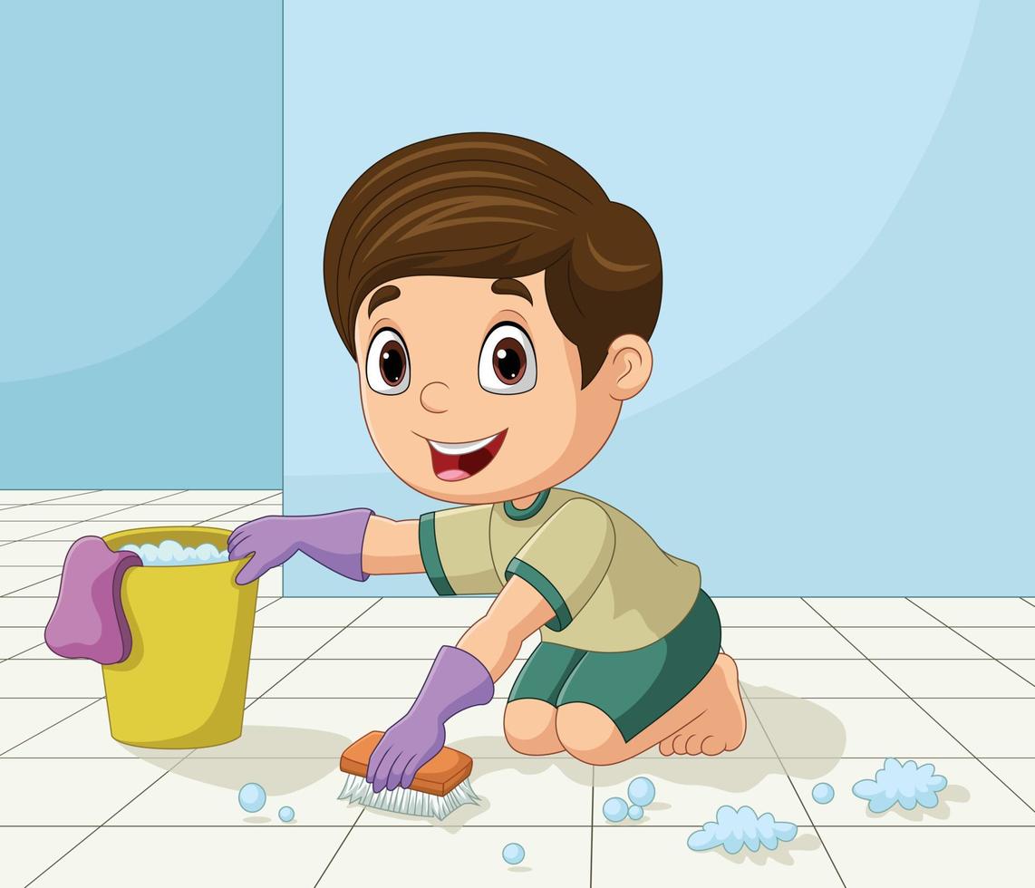 tecknad liten pojke som rengör golvet vektor