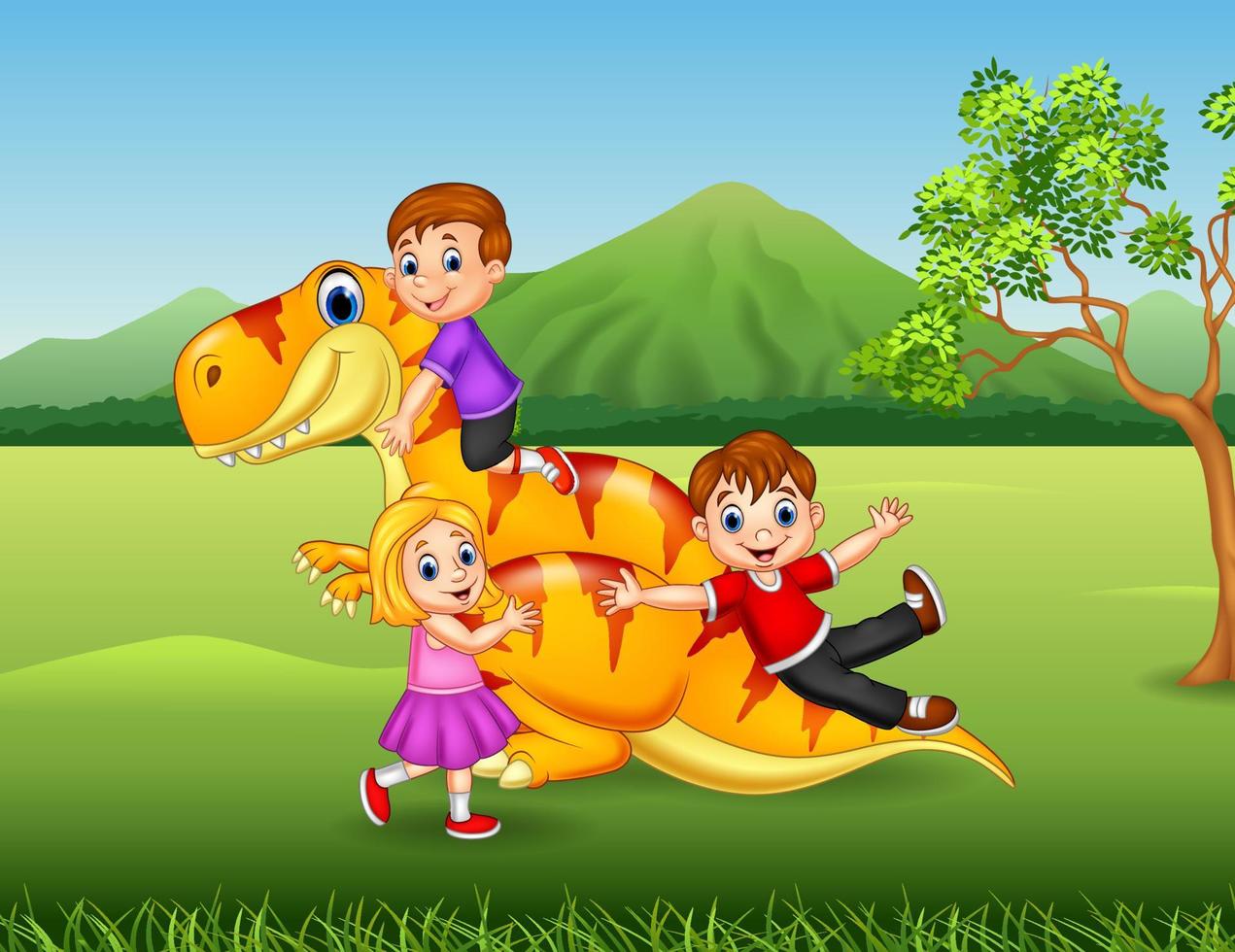 tecknad liten unge leker med en dinosaurie i djungeln vektor