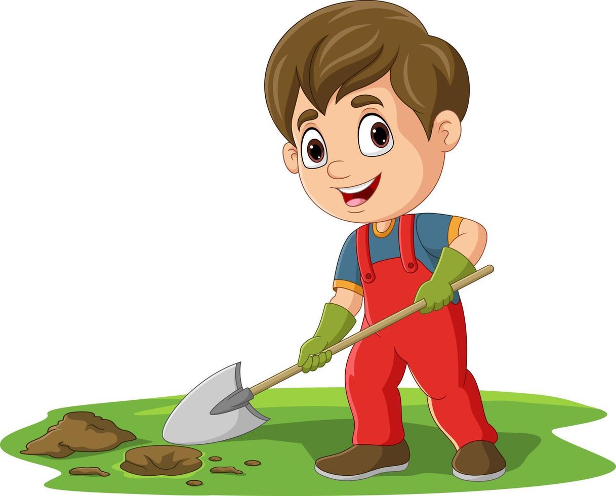 tecknad liten pojke gräva hål med spade vektor