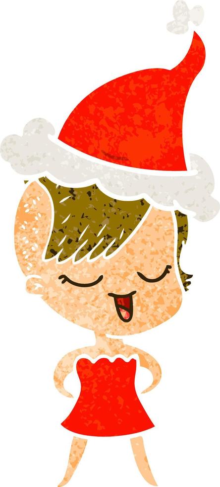 Fröhlicher Retro-Cartoon eines Mädchens im Cocktailkleid mit Weihnachtsmütze vektor