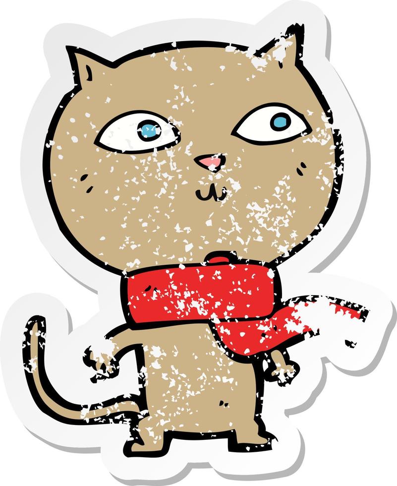 retro nödställd klistermärke av en tecknad rolig katt som bär halsduk vektor