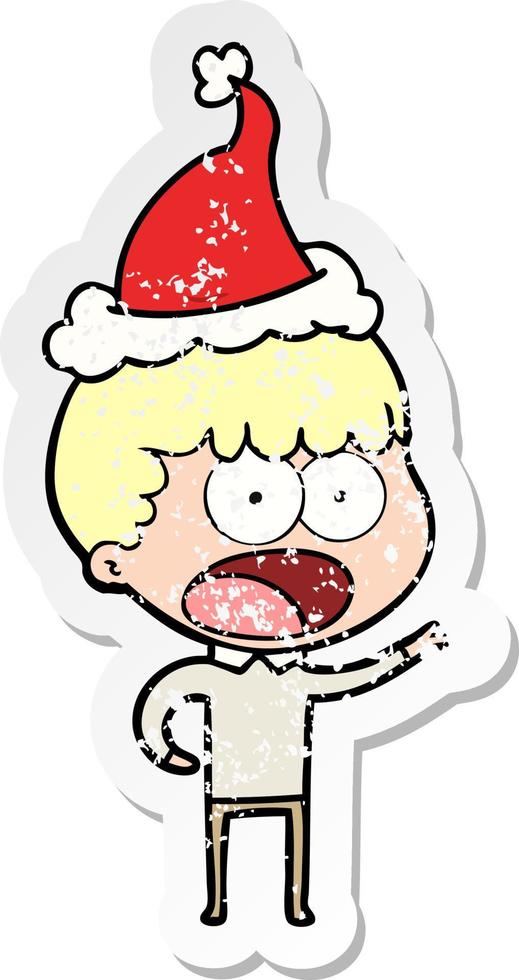 Distressed Sticker Cartoon eines schockierten Mannes mit Weihnachtsmütze vektor