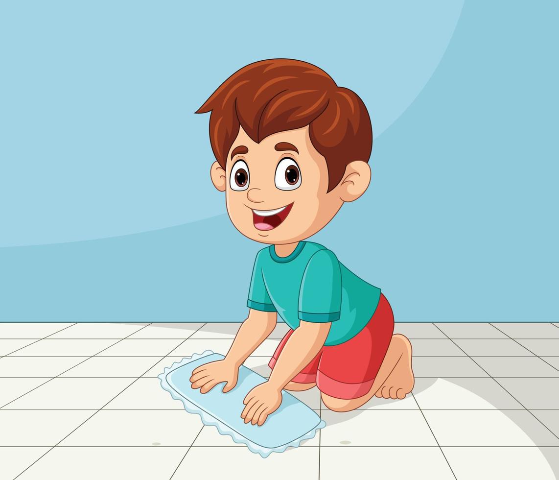 tecknad liten pojke torkar golvet vektor