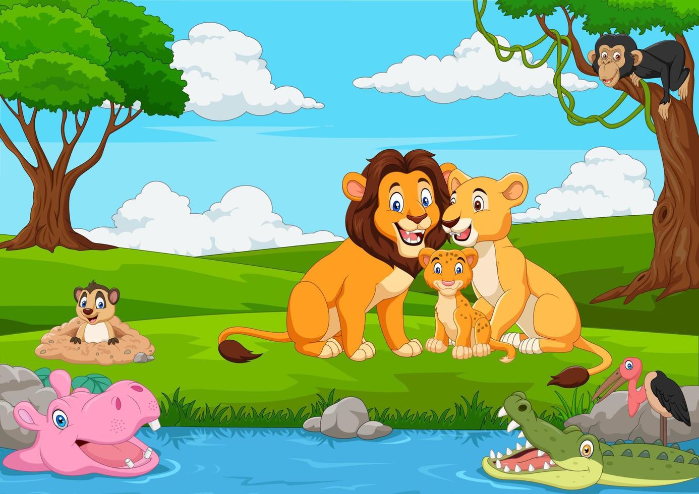 Cartoon-Löwenfamilie im Dschungel vektor