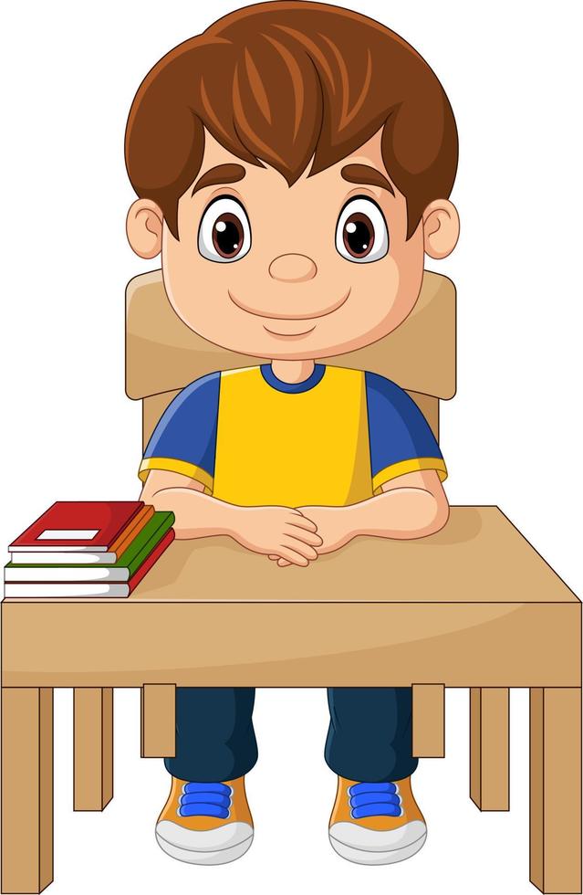 tecknad liten pojke som studerar på skrivbordet vektor