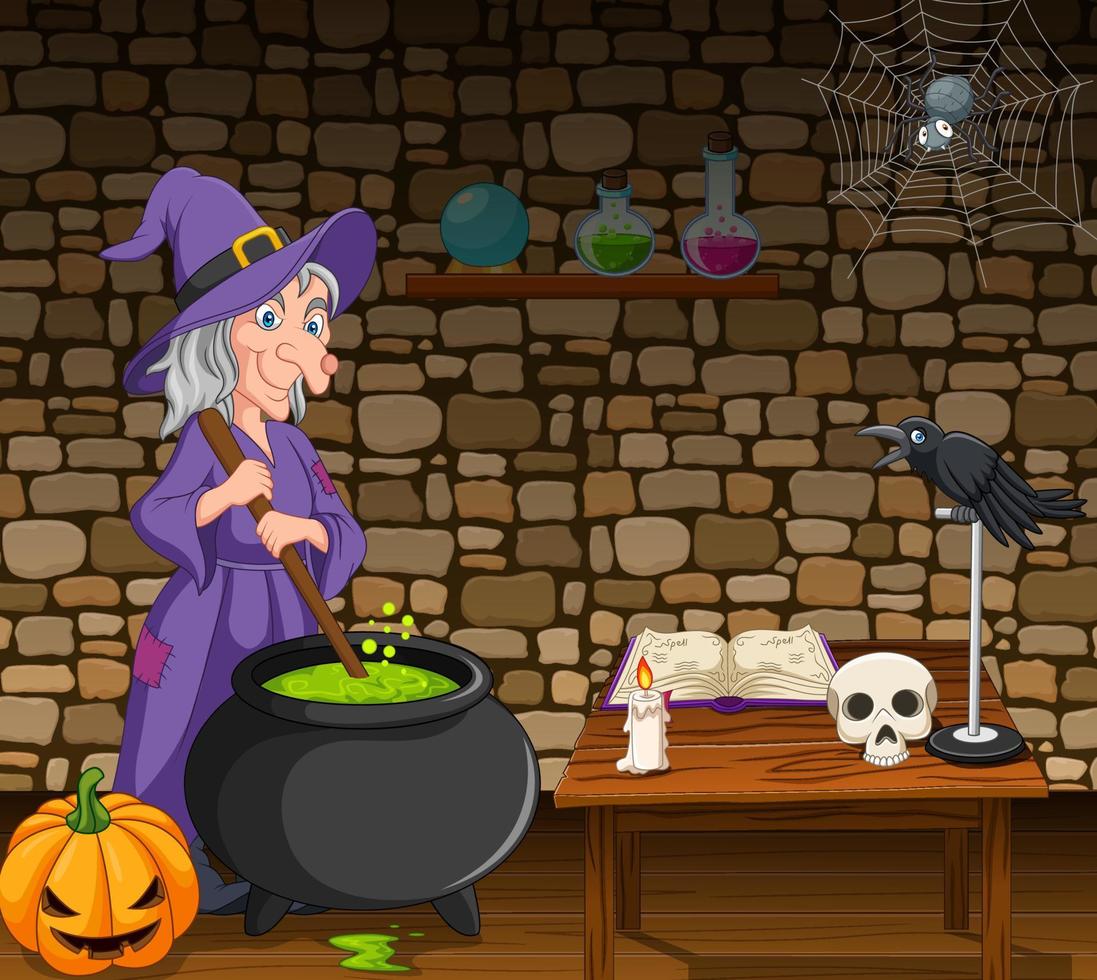 halloween-hintergrund mit hexe, die zaubertrank rührt vektor