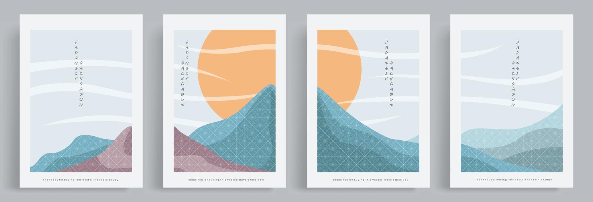 4 Sätze minimalistischer zeitgenössischer Pastellvektorhintergründe. japanisches Muster. Berghintergrund im asiatischen Stil. Sonnenuntergangsszene. design für social media-tapete, blog-post-vorlage, karte, poster, cover vektor