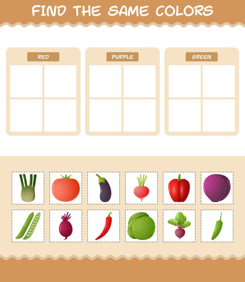 Finden Sie die gleichen Farben von Gemüse. Such- und Zuordnungsspiel. Lernspiel für Kinder und Kleinkinder im Vorschulalter vektor