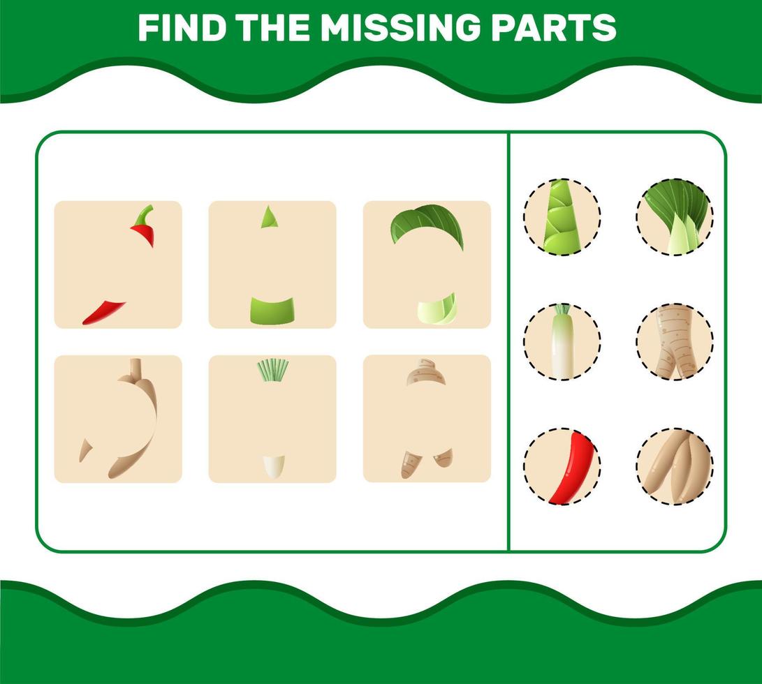 matcha tecknade grönsaker delar. matchande spel. pedagogiskt spel för barn och småbarn i förskoleåldern vektor