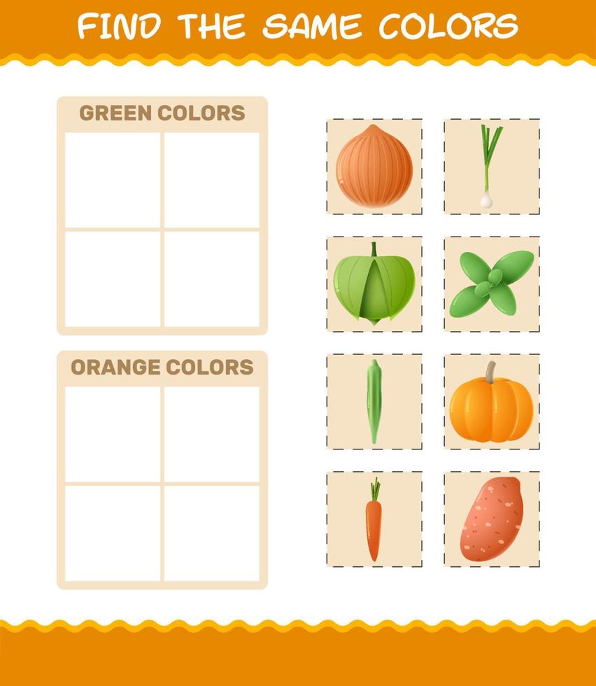 hitta samma färger på grönsaker. söka och matcha spel. pedagogiskt spel för barn och småbarn i förskoleåldern vektor