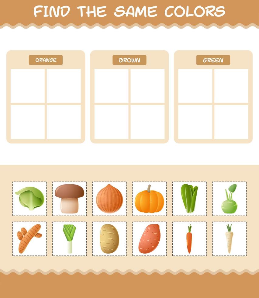 hitta samma färger på grönsaker. söka och matcha spel. pedagogiskt spel för barn och småbarn i förskoleåldern vektor