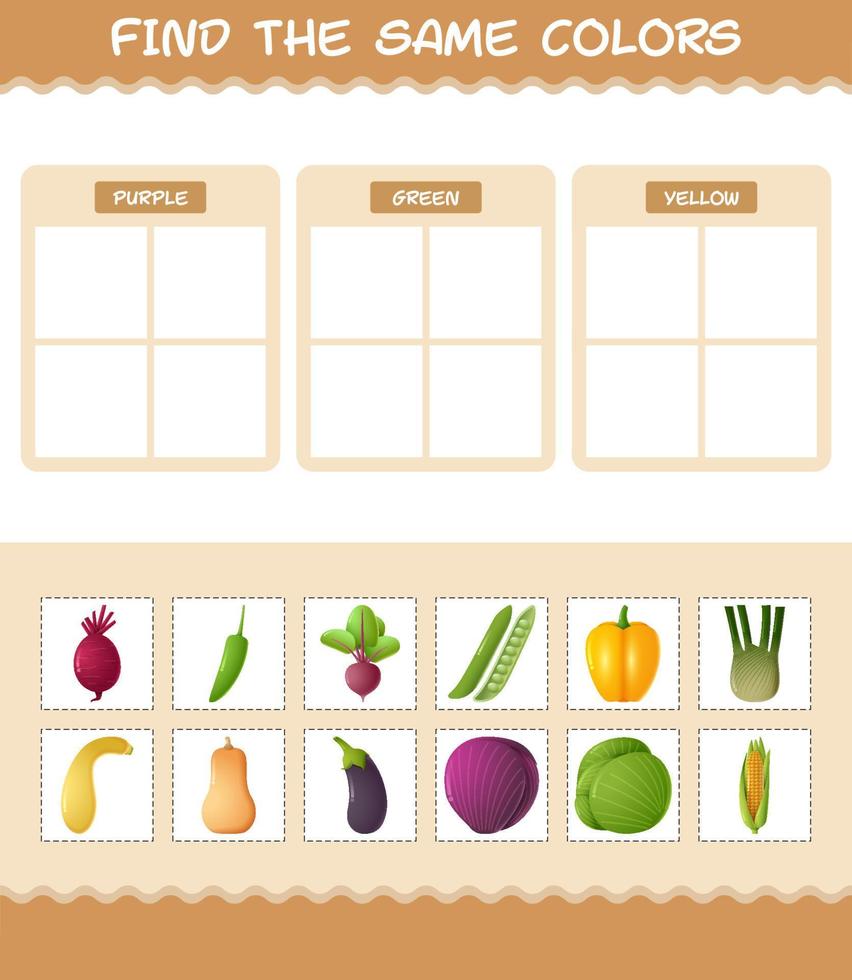 Finden Sie die gleichen Farben von Gemüse. Such- und Zuordnungsspiel. Lernspiel für Kinder und Kleinkinder im Vorschulalter vektor