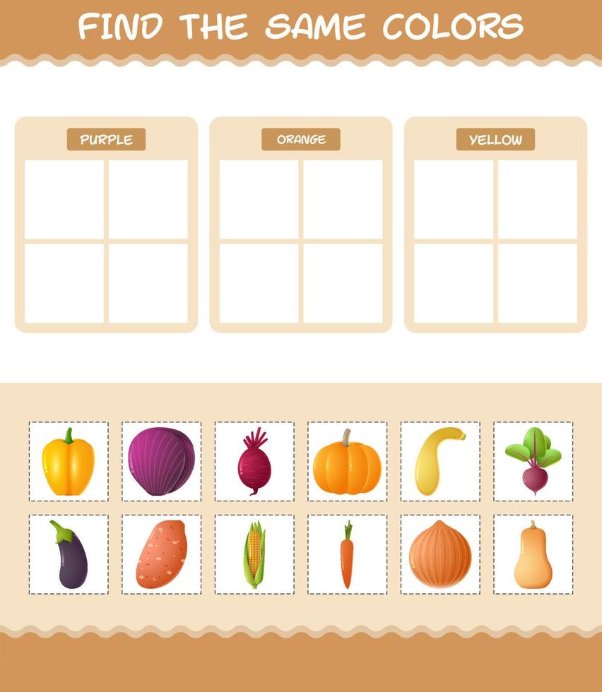 hitta samma färger på grönsaker. söka och matcha spel. pedagogiskt spel för barn och småbarn i förskoleåldern vektor