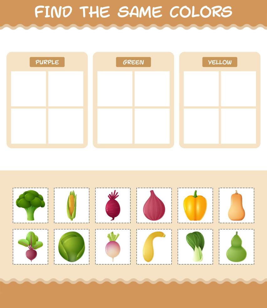 Finden Sie die gleichen Farben von Gemüse. Such- und Zuordnungsspiel. Lernspiel für Kinder und Kleinkinder im Vorschulalter vektor