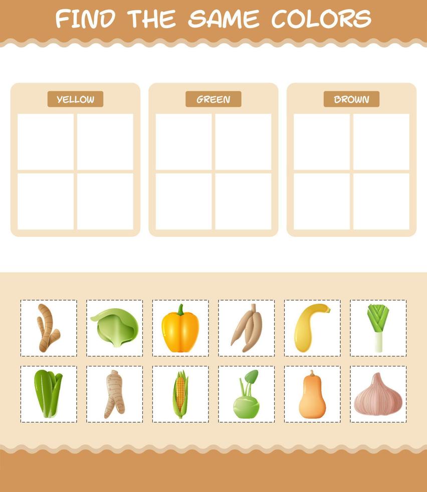 Finden Sie die gleichen Farben von Gemüse. Such- und Zuordnungsspiel. Lernspiel für Kinder und Kleinkinder im Vorschulalter vektor