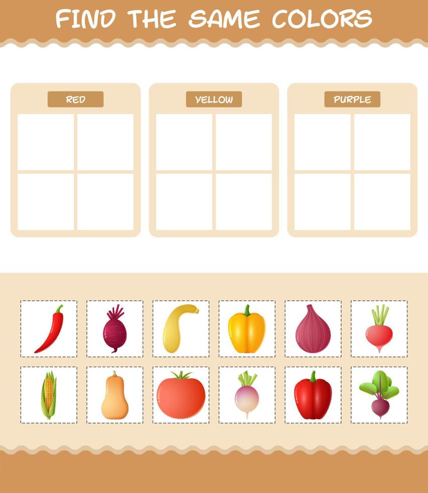 hitta samma färger på grönsaker. söka och matcha spel. pedagogiskt spel för barn och småbarn i förskoleåldern vektor