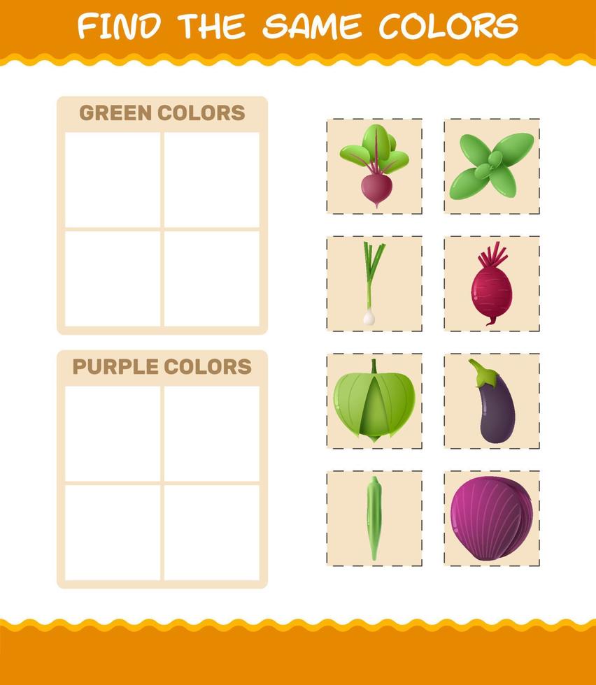 hitta samma färger på grönsaker. söka och matcha spel. pedagogiskt spel för barn och småbarn i förskoleåldern vektor