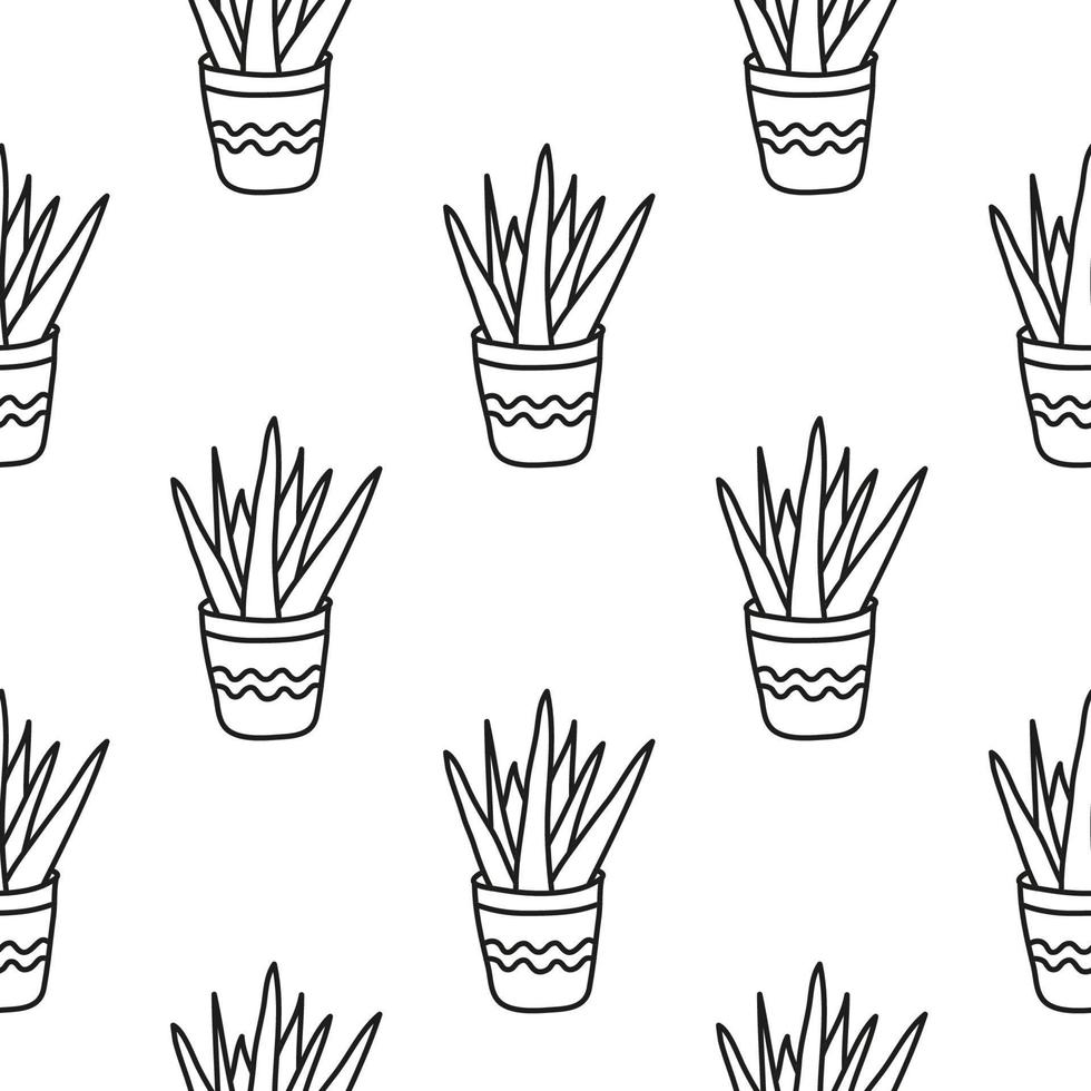 schwarz-weißes, nahtloses Muster mit Doodle-Umrisspflanzen in Töpfen. vektor