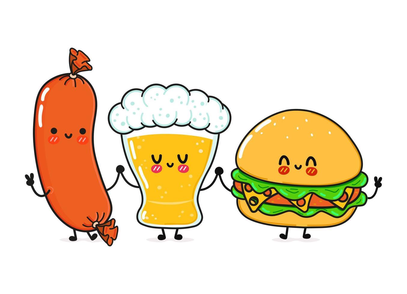 süßes, lustiges fröhliches glas bier, hamburgerwurst. Vektor handgezeichnete kawaii Zeichentrickfiguren, Illustrationssymbol. lustiges karikaturglas bier-, hamburger- und wurstfreundkonzept