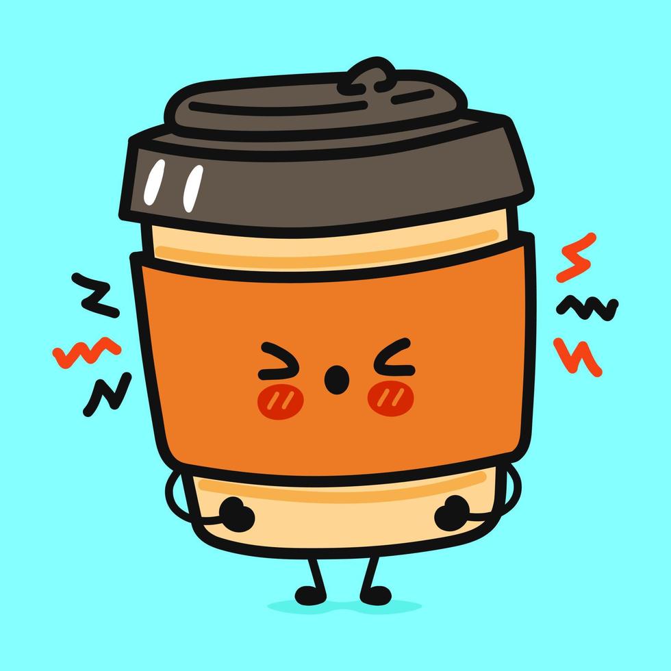 süßer wütender kaffee-pappbecher-charakter. vektor hand gezeichnete karikatur kawaii charakter illustration symbol. isoliert auf blauem Hintergrund. trauriges kaffeepappbecher-charakterkonzept