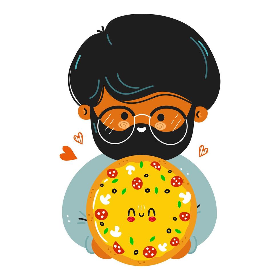 junger süßer lustiger mann hält pizza in der hand. junger mann umarmt süße pizza. Vektor handgezeichnete Doodle-Stil Cartoon Charakter Illustration Icon Design. isoliert auf weißem Hintergrund