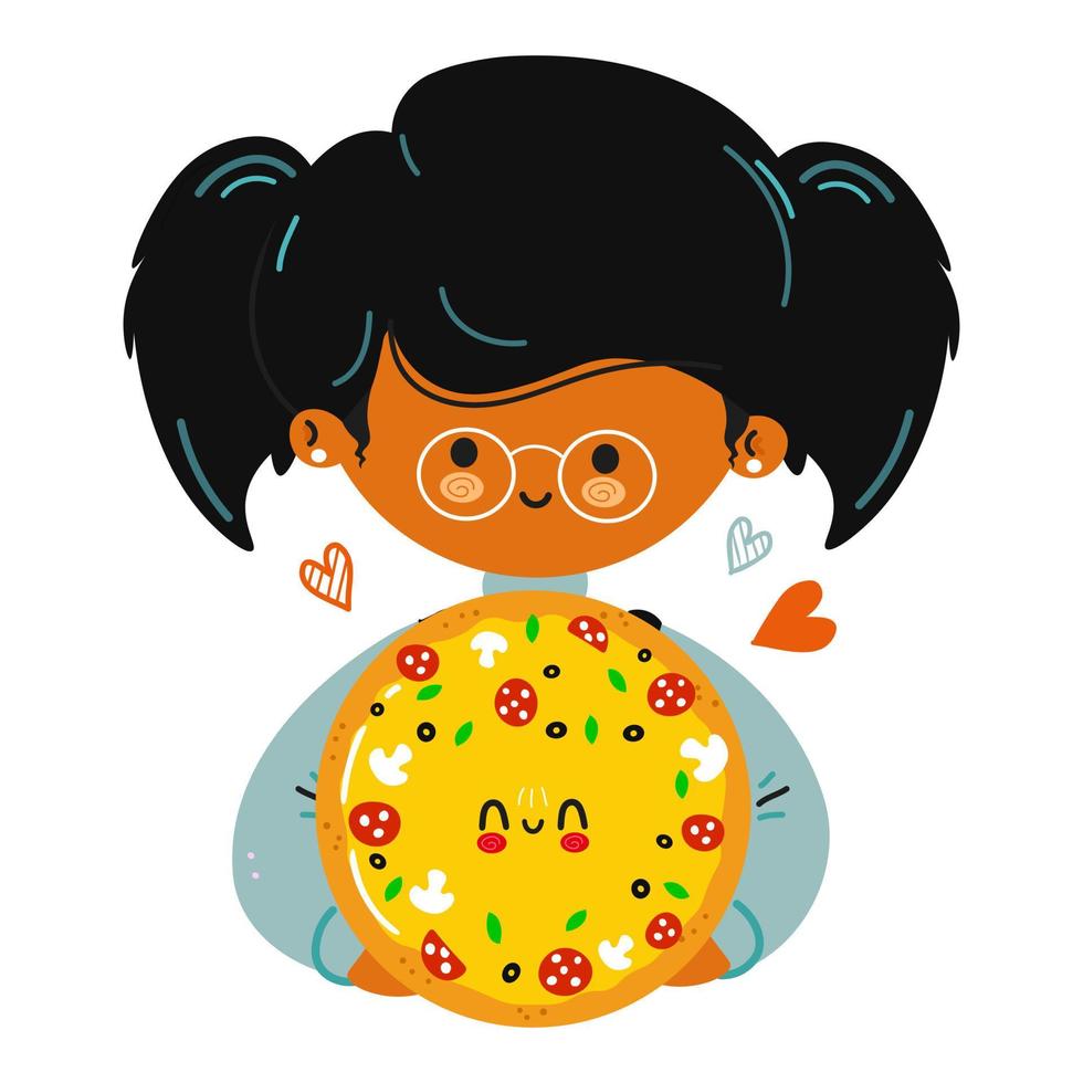 junge süße lustige mädchen halten pizza in der hand. Mädchen umarmt süße Pizza. Vektor handgezeichnete Doodle-Stil Cartoon Charakter Illustration Icon Design. isoliert auf weißem Hintergrund