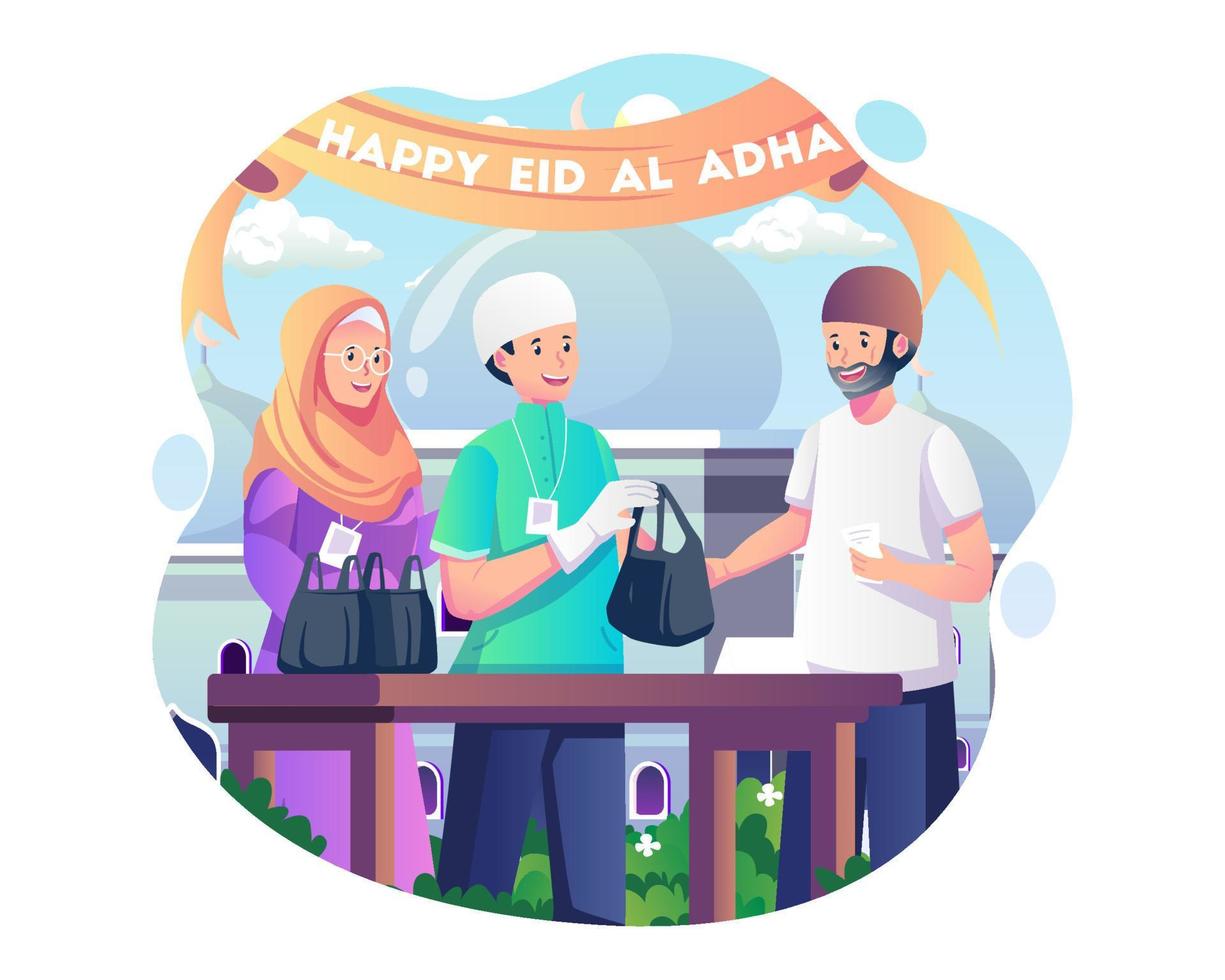 Menschen verteilen Opferfleisch, um Eid al Adha zu feiern. Muslime geben Qurban-Fleisch in Plastiktüten an andere weiter. vektorillustration im flachen stil vektor