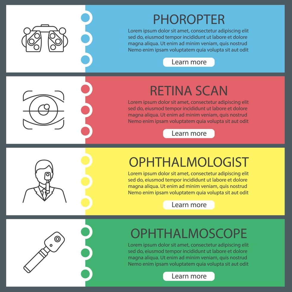 oftalmologi webb banner mallar set. phoropter, näthinnaskanning, ögonläkare, oftalmoskop. webbplats färg menyobjekt med linjära ikoner. vektor headers designkoncept