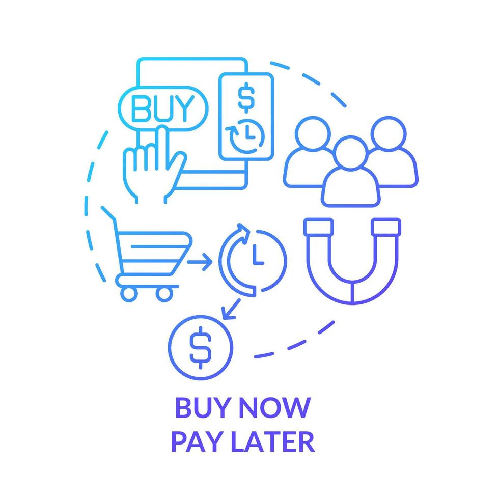 Jetzt kaufen, später bezahlen, Symbol für blaues Gradientenkonzept. Kredit für Verbraucher. einzelhandelsstrategietrends abstrakte idee dünne linie illustration. isolierte Umrisszeichnung. vektor