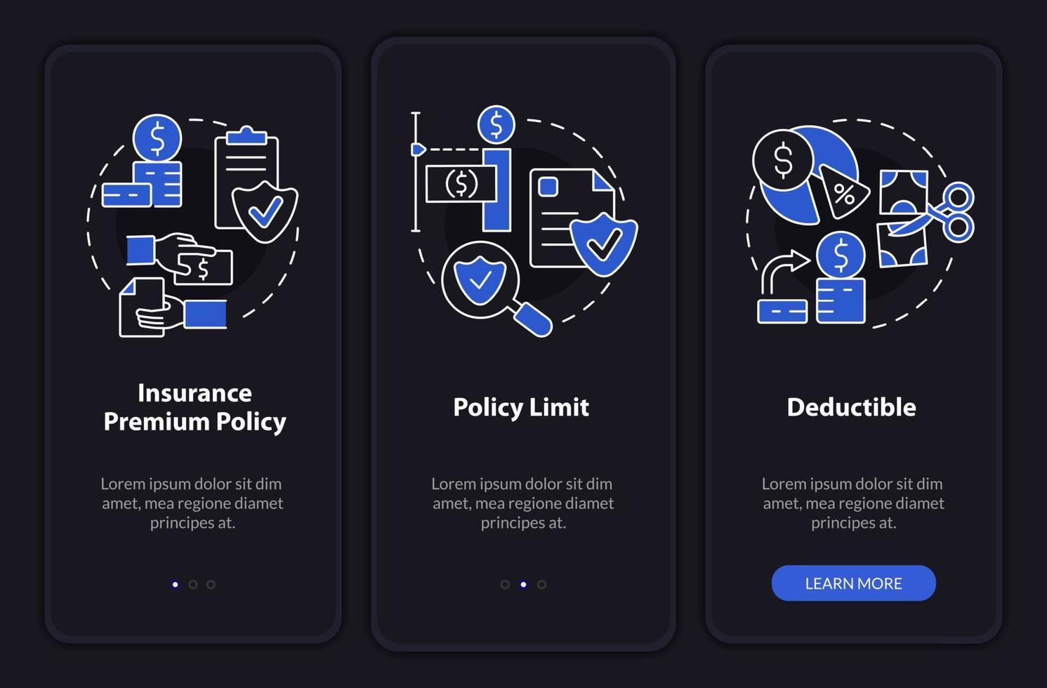 versicherungskomponenten nachtmodus beim onboarding des mobilen app-bildschirms. Protection Walkthrough 3 Schritte grafische Anleitungsseiten mit linearen Konzepten. ui, ux, gui-Vorlage. vektor
