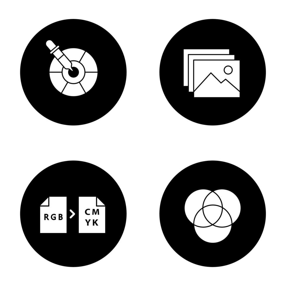 Drucken von Glyphensymbolen festgelegt. Polygrafie und Typografie. Farbwähler, digitale Bilder, Konvertierung von Farbmodellen, überlappende Kreise. Vektor weiße Silhouetten Illustrationen in schwarzen Kreisen