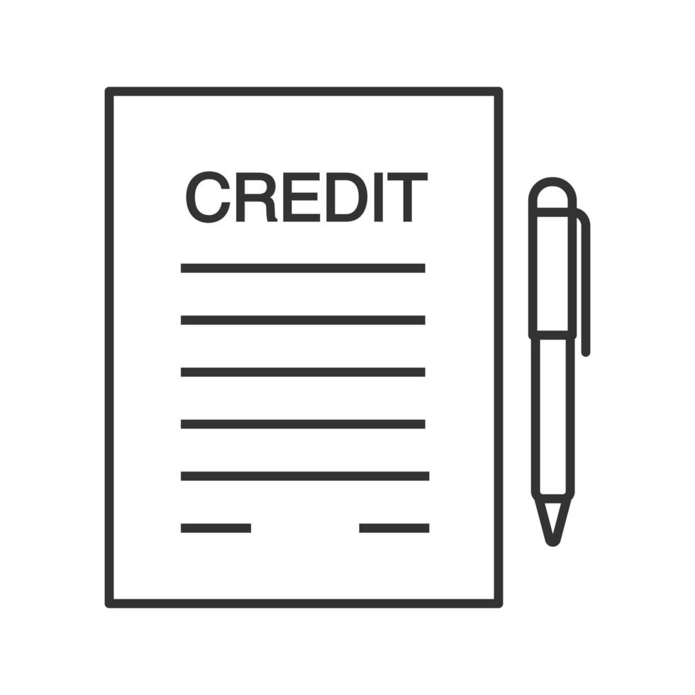 kreditavtal, kontrakt linjär ikon. avtal. tunn linje illustration. inteckning, lånedokument papper med penna. kontur symbol. vektor isolerade konturritning